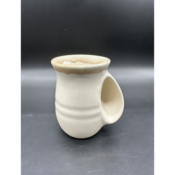 Coffee Mug Cup Right Hand Warmer Drip Glaze Pottery Ergonomic Mug Warming Tan - Picture 2 of 9